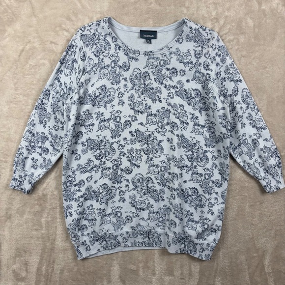 Modcloth Sweaters - ModCloth Sweater Womens XL Blue Cat Floral Toile Print Crewneck Lightweight